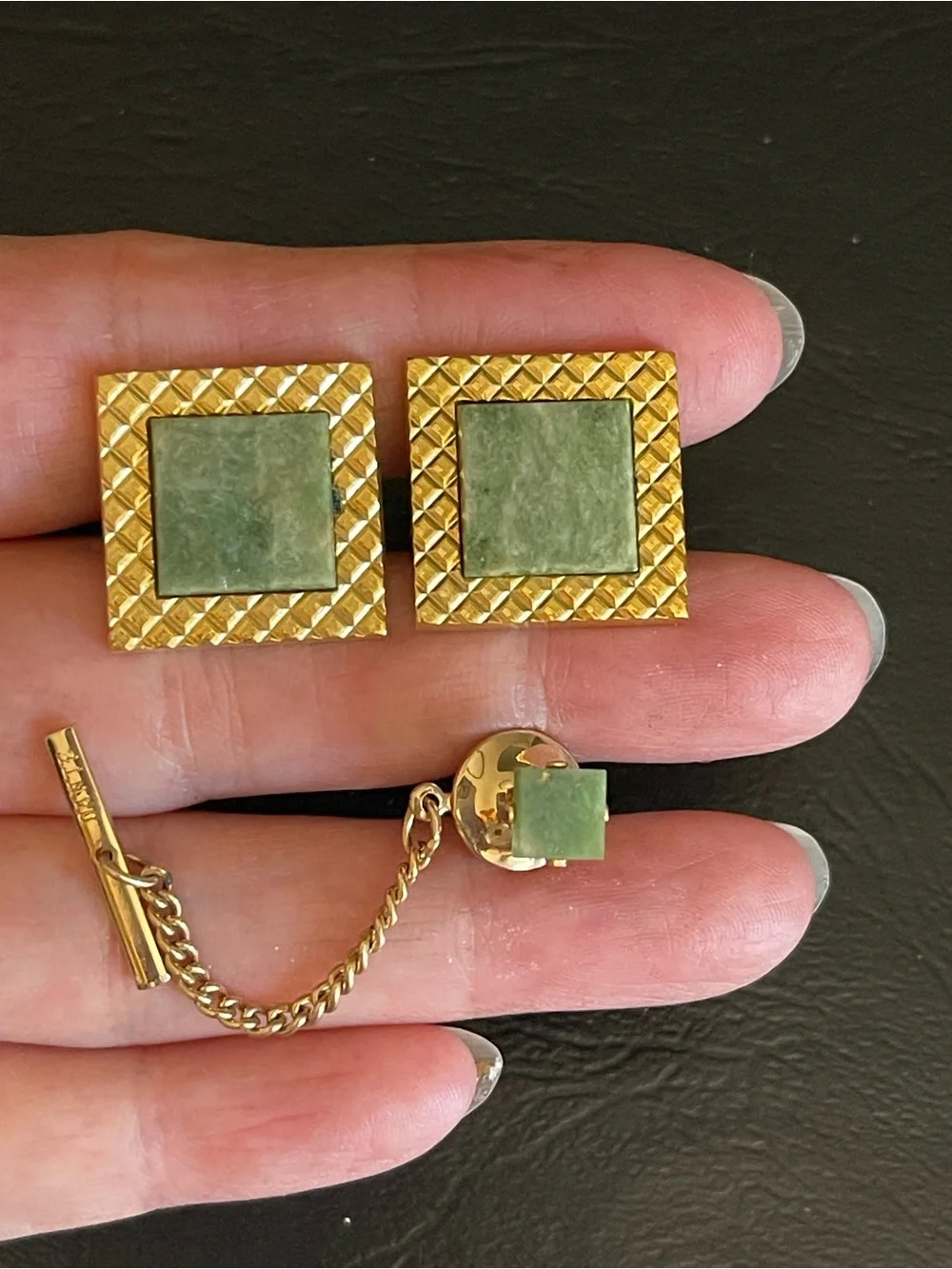 Vintage genuine green jade Stone square cuff links and tie tack.
